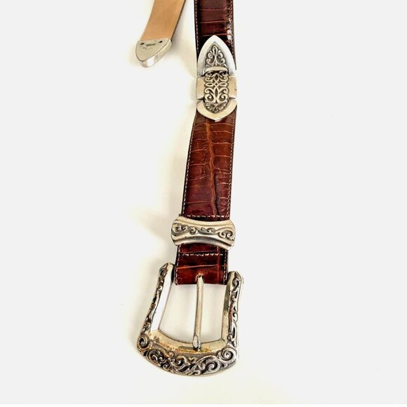 BRIGHTON Brown Pressed croc Leather belt with Silver hardware Size M - Picture 7 of 16